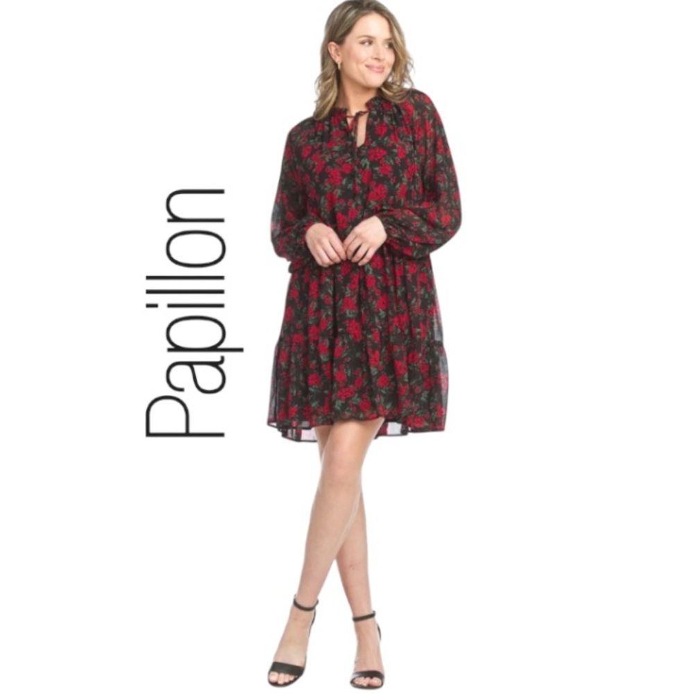 XXL Papillon Black and Red Rose Sheer Print Swingy Tiered Dress with Lining, NWT